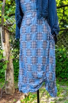 Au Sable Jacket in Hudson Blue Washed Crinkled Linen; Au Sable Frock in Hudson Blue Patch Plaid Voile; Cilla Slip Frock in Hudson Blue Soft Ribbed Knit. Ivey Abitz at Boscobel House and Gardens