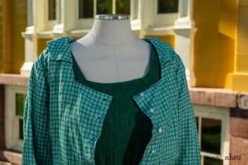 Campanella Shirt Jacket in Gracious Green Petite Plaid; Campanella Frock in Gracious Green Washed Crinkled Linen, Cilla Slip Frock in Peony Soft Ribbed Knit. Ivey Abitz at Boscobel House and Gardens