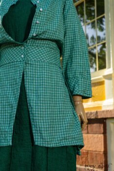 Campanella Shirt Jacket in Gracious Green Petite Plaid; Campanella Frock in Gracious Green Washed Crinkled Linen, Cilla Slip Frock in Peony Soft Ribbed Knit. Ivey Abitz at Boscobel House and Gardens