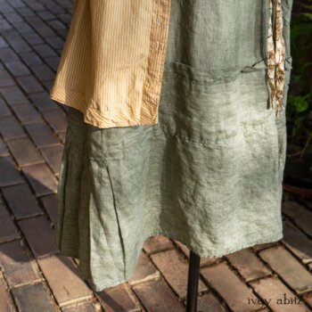 Porte Cochere Shirt Jacket in Yellow Days Washed Stripe Cotton; Porte Cochere Sash in Watercolour Silk Weave; Idyll Brooch in Yellow Days Weaves; Hudson Frock in Herb Garden Washed Linen. Ivey Abitz at Boscobel House and Gardens