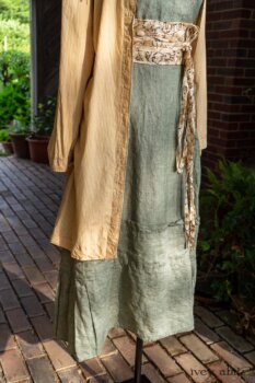Porte Cochere Shirt Jacket in Yellow Days Washed Stripe Cotton; Porte Cochere Sash in Watercolour Silk Weave; Idyll Brooch in Yellow Days Weaves; Hudson Frock in Herb Garden Washed Linen. Ivey Abitz at Boscobel House and Gardens