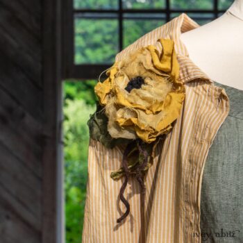 Porte Cochere Shirt Jacket in Yellow Days Washed Stripe Cotton; Porte Cochere Sash in Watercolour Silk Weave; Idyll Brooch in Yellow Days Weaves; Hudson Frock in Herb Garden Washed Linen. Ivey Abitz at Boscobel House and Gardens