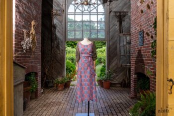 Covante Frock in Rose Garden Patch Plaid Voile; Fairholme Sash in Rose Garden Plaid Patch Voile; Chevallier Cardigan in Herb Garden Soft Ribbed Knit. Ivey Abitz at Boscobel House and Gardens