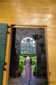 Covante Frock in Rose Garden Patch Plaid Voile; Fairholme Sash in Rose Garden Plaid Patch Voile; Chevallier Cardigan in Herb Garden Soft Ribbed Knit. Ivey Abitz at Boscobel House and Gardens