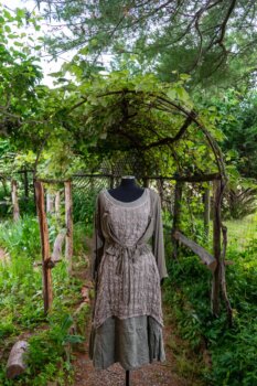 Chevallier Cardigan in Herb Garden Soft Ribbed Knit; River Frock in Natural Plaid Open Weave; Hudson Frock in Herb Garden Washed Linen. Ivey Abitz at Boscobel House and Gardens