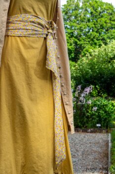 Porte Cochere Shirt Jacket in Yellow Days Washed Stripe Cotton; Blanchefleur Sash in Yellow Days Floral Weave; Gabled Frock in Yellow Days Washed Stretch Weave. Ivey Abitz at Boscobel House and Gardens
