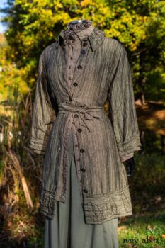 Gabled Duster Coat in Peace and Civility Stripe Linen; Gabled Shirt Jacket in Civility Washed Linen; Gabled Trousers in Civility Washed Stretch Weave; Clotaire Sash in Civility Garden Row Silk Chiffon. Location: Near the bridge and entrance to Stone Cottage and Val-Kill Cottage, the home of Eleanor Roosevelt. Eleanor Roosevelt National Historic Site, Hyde Park, New York.