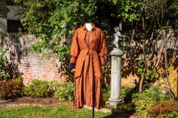 Truitt Shirt Jacket in Independence Embroidered Washed Silk; Eleanora Frock in Independence Washed Linen. Location: Inside the walled garden at the Eleanor Roosevelt National Historic Site. Val-Kill Cottage, Hyde Park, New York.