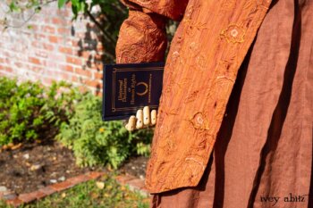 Truitt Shirt Jacket in Independence Embroidered Washed Silk; Eleanora Frock in Independence Washed Linen. Location: Inside the walled garden at the Eleanor Roosevelt National Historic Site. Val-Kill Cottage, Hyde Park, New York.