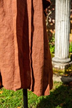 Truitt Shirt Jacket in Independence Embroidered Washed Silk; Eleanora Frock in Independence Washed Linen. Location: Inside the walled garden at the Eleanor Roosevelt National Historic Site. Val-Kill Cottage, Hyde Park, New York.