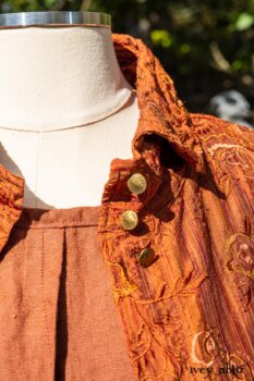 Truitt Shirt Jacket in Independence Embroidered Washed Silk; Eleanora Frock in Independence Washed Linen. Location: Inside the walled garden at the Eleanor Roosevelt National Historic Site. Val-Kill Cottage, Hyde Park, New York.