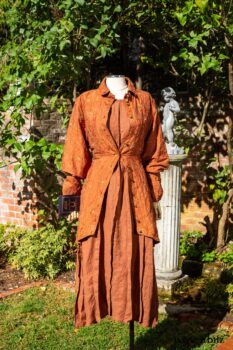 Truitt Shirt Jacket in Independence Embroidered Washed Silk; Eleanora Frock in Independence Washed Linen. Location: Inside the walled garden at the Eleanor Roosevelt National Historic Site. Val-Kill Cottage, Hyde Park, New York.