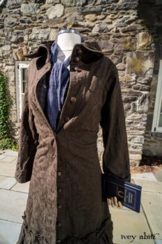 Hudson Duster Coat in Peace Soft Pinstripe Cotton; Hudson Frock in Civility Soft Check Twill; Porte Cochere Sash in Civility Floral Stretch Weave. Location: East profile of Stone Cottage. Eleanor Roosevelt National Historic Site. Val-Kill, Hyde Park, New York.