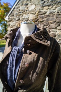 Hudson Duster Coat in Peace Soft Pinstripe Cotton; Hudson Frock in Civility Soft Check Twill; Porte Cochere Sash in Civility Floral Stretch Weave. Location: East profile of Stone Cottage. Eleanor Roosevelt National Historic Site. Val-Kill, Hyde Park, New York.