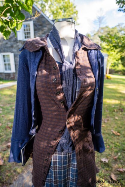 Crest Jacket in Liberty Soft Ribbed Knit; Heraldry Vest in Dignity Soft Check Twill; Heraldry Frock in Liberty Plaid Linen; Heraldry Duster Coat in Liberty Washed Crinkled Weave (draped on stone steps). Location: West profile of Stone Cottage. Eleanor Roosevelt National Historic Site. Val-Kill, Hyde Park, New York.