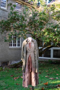 Gabled Duster Coat in Peace and Civility Stripe Linen; Gabled Shirt Jacket in Civility Washed Linen; Blanchefleur Sash in Peace Tufted Dot Voile; Hudson Frock in Peace Washed Linen. Location: Beside Val-Kill Cottage and former Val-Kill Furniture Factory. Eleanor Roosevelt National Historic Site. Hyde Park, New York.