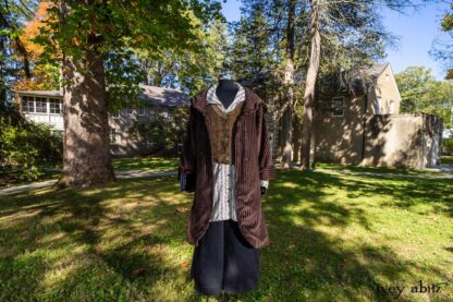 Eleanora Duster Coat in Dignity Soft Wale Cord; Highlands Vest in Dignity Cotton Plaid Velvet; Pierrepont Shirt in Dignity Washed Vine Silk; Vanetten Trousers in Unity Washed Cord. Location: Center of grounds between main house (that was a former furniture factory) and Stone Cottage. Hyde Park, New York.Val-Kill,