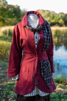 Montague Jacket in Independence Washed Cord; Baedeker Scarf in Dignity Soft Plaid Flannel; Pierrepont Shirt in Dignity Washed Vine Silk; Harrison Frock in Dignity Embroidered Looped Stripe Challis; Cilla Slip Frock in Unity Soft Ribbed Knit. Location: Beside creek and entrance to Eleanor Roosevelt National Historic Site.