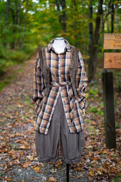 Coulson Shirt in Dignity and Unity Plaid Linen; Highlands Vest in Dignity Plaid Cotton Velvet; Coulson Trousers in Dignity Houndstooth Stretch Weave. Location: Entrance to Eleanor's Walk, trails where Eleanor would take her daily walks with her dog Fala, her grandchildren, and other guests at Val-Kill Cottage. Eleanor Roosevelt National Historic Site. Hyde Park, New York.