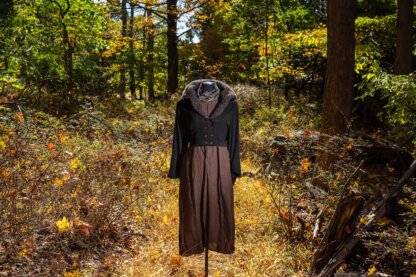 Limited Edition Eleanora Jacket in Unity Soft Ribbed Knit with Looped Mohair Collar; Fairholme Sash in Civility Garden Row Silk Chiffon; Eleanora Frock in Dignity Washed Linen. Location: "Eleanor's Walk," trails at the Eleanor Roosevelt National Historic Site. Val-Kill, Hyde Park, New York.