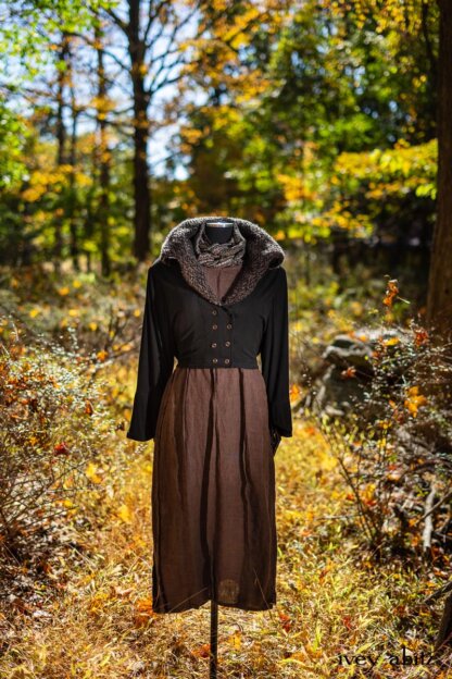 Limited Edition Eleanora Jacket in Unity Soft Ribbed Knit with Looped Mohair Collar; Fairholme Sash in Civility Garden Row Silk Chiffon; Eleanora Frock in Dignity Washed Linen. Location: "Eleanor's Walk," trails at the Eleanor Roosevelt National Historic Site. Val-Kill, Hyde Park, New York.