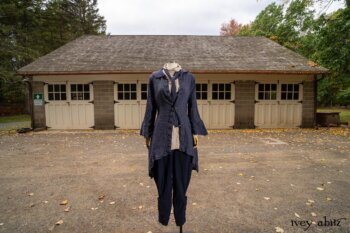Heraldry Duster Coat in Washed Crinkled Weave; Crest Shirt in Respect Raised Pinstripe Weave; Fairholme Necktie Liberty Washed Crinkled Weave; Chevallier Trousers in Liberty and Unity Pinstripe Weave. Location: Stable at Val-Kill, Eleanor Roosevelt National Historic Site.