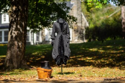 Scattergood Duster Coat in Unity Washed Linen; Scattergood Shirt Jacket in Unity Velvet Vine on Silk Chiffon; Scattergood Frock in Unity Floral Silk Velvet. Location: View of Stone Cottage from bridge at the Eleanor Roosevelt National Historic Site.