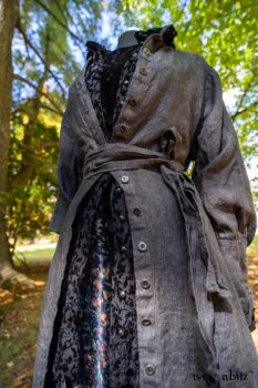Scattergood Duster Coat in Unity Washed Linen; Scattergood Shirt Jacket in Unity Velvet Vine on Silk Chiffon; Scattergood Frock in Unity Floral Silk Velvet. Location: View of Stone Cottage from bridge at the Eleanor Roosevelt National Historic Site.