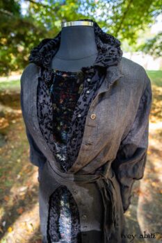 Scattergood Duster Coat in Unity Washed Linen; Scattergood Shirt Jacket in Unity Velvet Vine on Silk Chiffon; Scattergood Frock in Unity Floral Silk Velvet. Location: View of Stone Cottage from bridge at the Eleanor Roosevelt National Historic Site.