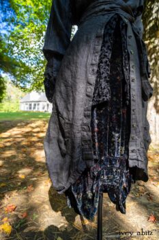 Scattergood Duster Coat in Unity Washed Linen; Scattergood Shirt Jacket in Unity Velvet Vine on Silk Chiffon; Scattergood Frock in Unity Floral Silk Velvet. Location: View of Stone Cottage from bridge at the Eleanor Roosevelt National Historic Site.