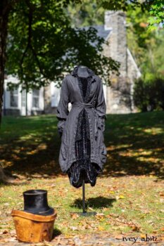 Scattergood Duster Coat in Unity Washed Linen; Scattergood Shirt Jacket in Unity Velvet Vine on Silk Chiffon; Scattergood Frock in Unity Floral Silk Velvet. Location: View of Stone Cottage from bridge at the Eleanor Roosevelt National Historic Site.