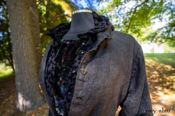 Scattergood Duster Coat in Unity Washed Linen; Scattergood Shirt Jacket in Unity Velvet Vine on Silk Chiffon; Scattergood Frock in Unity Floral Silk Velvet. Location: View of Stone Cottage from bridge at the Eleanor Roosevelt National Historic Site.