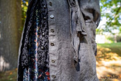 Scattergood Duster Coat in Unity Washed Linen; Scattergood Shirt Jacket in Unity Velvet Vine on Silk Chiffon; Scattergood Frock in Unity Floral Silk Velvet. Location: View of Stone Cottage from bridge at the Eleanor Roosevelt National Historic Site.