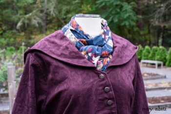 Arthur Hill Duster Coat in Honour Floral Stretch Weave; Arthur Hill Shirt in Liberty Soft Ribbed Knit; Fitz Frock in Independence Cottage Garden Weave; Blanchefleur Sash in Independence Cottage Garden Weave. Location: Inside Eleanor's flower garden. Our Independence Cottage Garden Weave was inspired by it. Eleanor Roosevelt National Historic Site. Val-Kill, Hyde Park, New York.