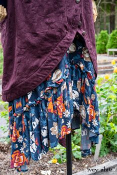 Arthur Hill Duster Coat in Honour Floral Stretch Weave; Arthur Hill Shirt in Liberty Soft Ribbed Knit; Fitz Frock in Independence Cottage Garden Weave; Blanchefleur Sash in Independence Cottage Garden Weave. Location: Inside Eleanor's flower garden. Our Independence Cottage Garden Weave was inspired by it. Eleanor Roosevelt National Historic Site. Val-Kill, Hyde Park, New York.