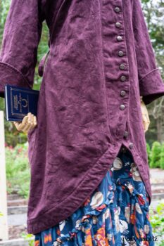 Arthur Hill Duster Coat in Honour Floral Stretch Weave; Arthur Hill Shirt in Liberty Soft Ribbed Knit; Fitz Frock in Independence Cottage Garden Weave; Blanchefleur Sash in Independence Cottage Garden Weave. Location: Inside Eleanor's flower garden. Our Independence Cottage Garden Weave was inspired by it. Eleanor Roosevelt National Historic Site. Val-Kill, Hyde Park, New York.