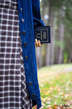 Chittister Duster Coat in Liberty Pin Tuck Twill; Pierrepont Shirt in Dignity Washed Vine Silk; Fairholme Necktie in Liberty Washed Crinkled Weave; Fairholme Skirt in Dignity Plaid Cotton. Location: Path behind house and next to pond at the Eleanor Roosevelt National Historic Site. Val-Kill, Hyde Park, New York.