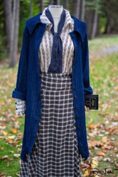 Chittister Duster Coat in Liberty Pin Tuck Twill; Pierrepont Shirt in Dignity Washed Vine Silk; Fairholme Necktie in Liberty Washed Crinkled Weave; Fairholme Skirt in Dignity Plaid Cotton. Location: Path behind house and next to pond at the Eleanor Roosevelt National Historic Site. Val-Kill, Hyde Park, New York.