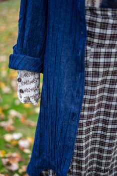 Chittister Duster Coat in Liberty Pin Tuck Twill; Pierrepont Shirt in Dignity Washed Vine Silk; Fairholme Necktie in Liberty Washed Crinkled Weave; Fairholme Skirt in Dignity Plaid Cotton. Location: Path behind house and next to pond at the Eleanor Roosevelt National Historic Site. Val-Kill, Hyde Park, New York.