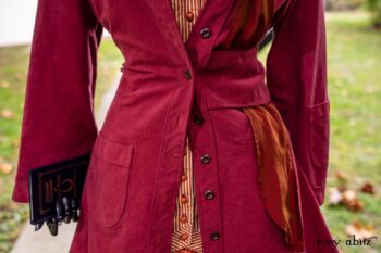Montague Jacket in Independence Washed Cord; Blanchefleur Sash in Independence Washed Silk Chiffon; Inglenook Frock in Independence Floral Linen. Location: Path leading to loggia and Stone Cottage. Eleanor Roosevelt National Historic Site. Val-Kill, Hyde Park, New York.