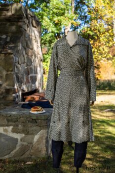 Pierrepont Shirt in Dignity Washed Vine Weave; Montague Trousers in Liberty Pin Tuck Twill; Chittister Duster Coat in Liberty Pin Tuck Twill (draped on stone fireplace). Location: Stone grill where Eleanor would serve hotdogs to dignitaries (she served hotdogs to King George of England up the hill from this location), family, and friends. Eleanor Roosevelt National Historic Site. Val-Kill, Hyde Park, New York.