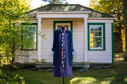 Chittister Duster Coat in Liberty Pin Tuck Twill; Blanchefleur Sash in Independence Cottage Garden Weave; Campanella Frock in Honour Washed Stripe Linen. Location: In front of the "doll house" next to pond for Eleanor's grandchildren. Eleanor Roosevelt National Historic Site. Val-Kill, Hyde Park, New York.