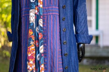 Chittister Duster Coat in Liberty Pin Tuck Twill; Blanchefleur Sash in Independence Cottage Garden Weave; Campanella Frock in Honour Washed Stripe Linen. Location: In front of the "doll house" next to pond for Eleanor's grandchildren. Eleanor Roosevelt National Historic Site. Val-Kill, Hyde Park, New York.
