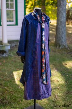 Chittister Duster Coat in Liberty Pin Tuck Twill; Blanchefleur Sash in Independence Cottage Garden Weave; Campanella Frock in Honour Washed Stripe Linen. Location: In front of the "doll house" next to pond for Eleanor's grandchildren. Eleanor Roosevelt National Historic Site. Val-Kill, Hyde Park, New York.