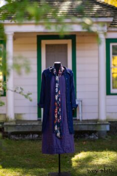 Chittister Duster Coat in Liberty Pin Tuck Twill; Blanchefleur Sash in Independence Cottage Garden Weave; Campanella Frock in Honour Washed Stripe Linen. Location: In front of the "doll house" next to pond for Eleanor's grandchildren. Eleanor Roosevelt National Historic Site. Val-Kill, Hyde Park, New York.