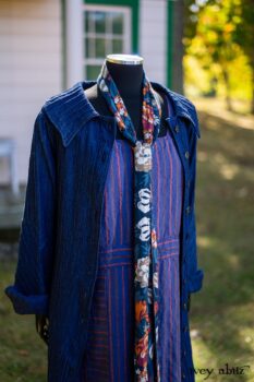 Chittister Duster Coat in Liberty Pin Tuck Twill; Blanchefleur Sash in Independence Cottage Garden Weave; Campanella Frock in Honour Washed Stripe Linen. Location: In front of the "doll house" next to pond for Eleanor's grandchildren. Eleanor Roosevelt National Historic Site. Val-Kill, Hyde Park, New York.