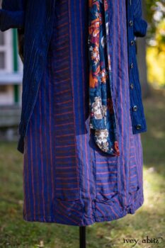 Chittister Duster Coat in Liberty Pin Tuck Twill; Blanchefleur Sash in Independence Cottage Garden Weave; Campanella Frock in Honour Washed Stripe Linen. Location: In front of the "doll house" next to pond for Eleanor's grandchildren. Eleanor Roosevelt National Historic Site. Val-Kill, Hyde Park, New York.