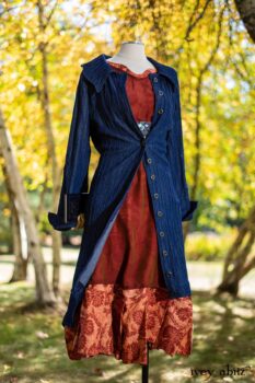 Chittister Duster Coat in Liberty Pin Tuck Twill, Nook Frock in Independence Washed Silk Chiffon; Inglenook Frock in Independence Floral Linen; Blanchefleur Sash in Independence Floral And Vine Weave. Location: Under the birch trees next to pond where Eleanor hosted many picnics from local school children to world dignitaries. Eleanor Roosevelt National Historic Site. Val-Kill, Hyde Park, New York.