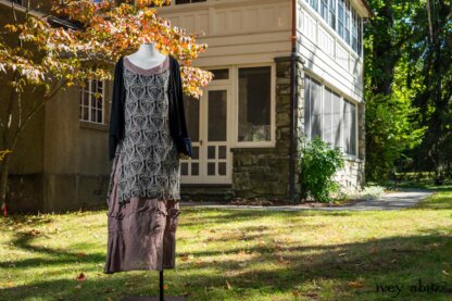 Chevallier Cardigan in Unity Soft Ribbed Knit; River Frock in Unity Art Nouveau Silk Chiffon; Hudson Frock in Peace Washed Linen. Location: Entrance to front porch of Val-Kill Cottage. Eleanor Roosevelt National Historic Site. Hyde Park, New York.