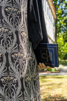 Chevallier Cardigan in Unity Soft Ribbed Knit; River Frock in Unity Art Nouveau Silk Chiffon; Hudson Frock in Peace Washed Linen. Location: Entrance to front porch of Val-Kill Cottage. Eleanor Roosevelt National Historic Site. Hyde Park, New York.